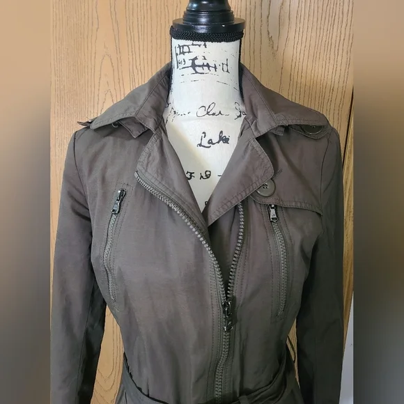 Kenneth Cole army green zip up hooded belted military trench coat - Picture 2 of 3